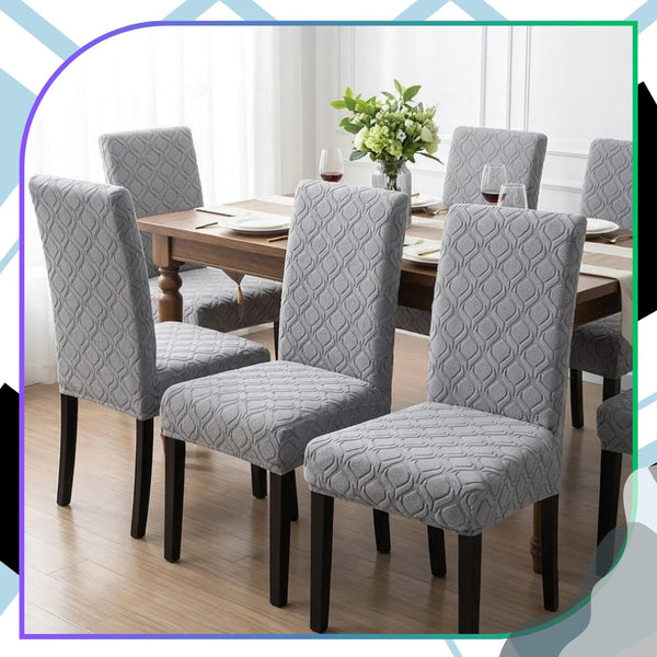 Elastingas kėdės užvalkalas, šviesiai pilkas, geometrinis E160