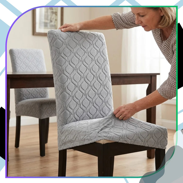 Elastingas kėdės užvalkalas, šviesiai pilkas, geometrinis E160