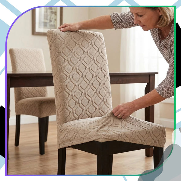 Smėlio spalvos elastingas žakardinis kėdės užvalkalas E161