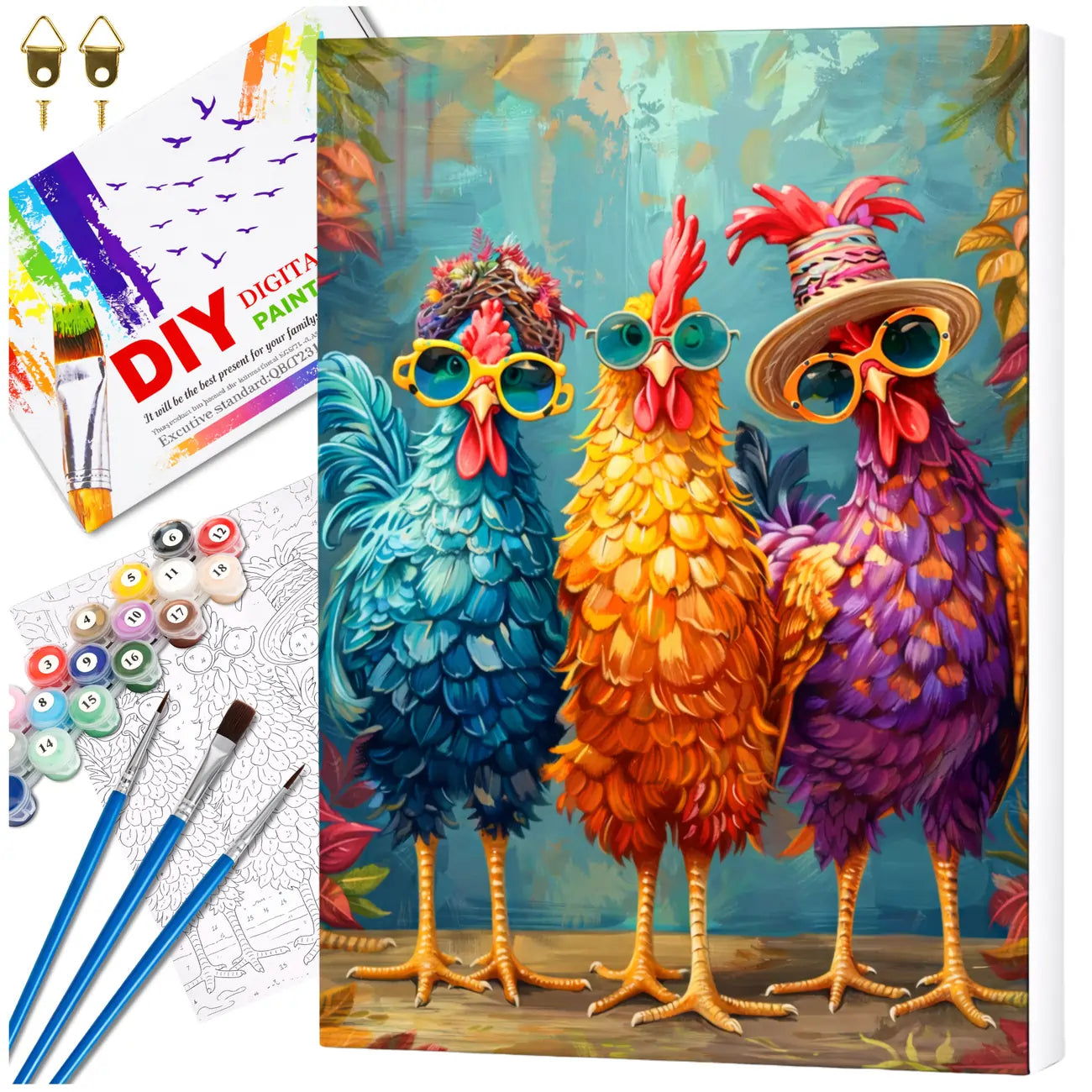 Tapyba pagal numerius su rėmu 40 x 50 cm „Spalvoti gaidžiai su akiniais“ TP42