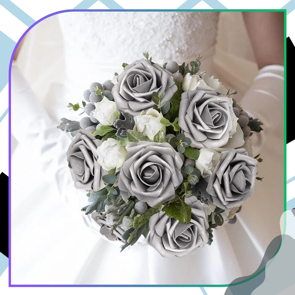 Dirbtinės sidabrinės putplasčio rožės, 25 vnt. N69