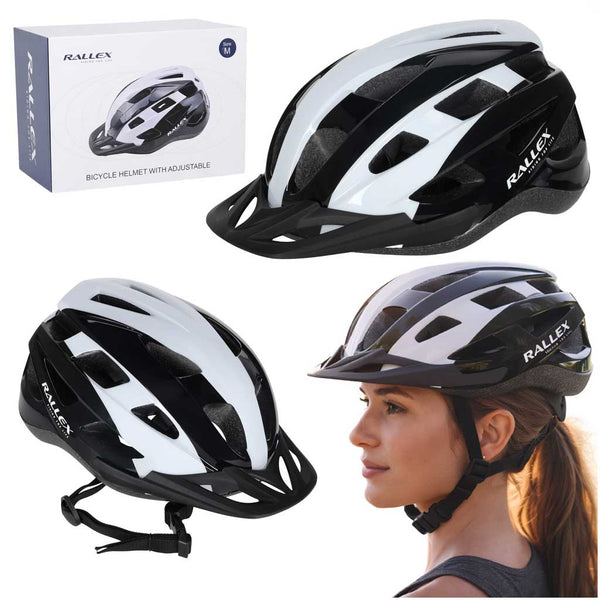 Dviratininko šalmas RALLEX, reguliuojamas, juodai baltas, M (54–58 cm) O4