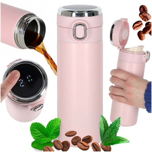 Termo puodelis su snapeliu ir LED ekranu, 350 ml, rožinis N114