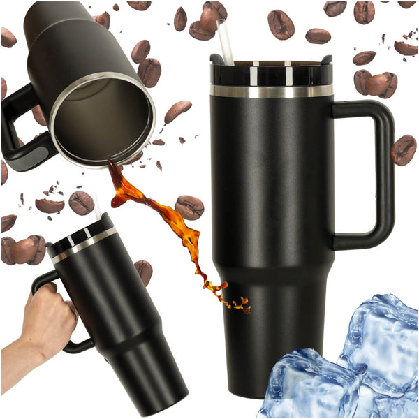 Termo puodelis su šiaudeliu ir rankena, 1200 ml, juodas N79
