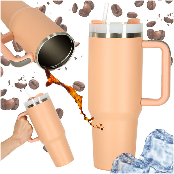Termo puodelis su šiaudeliu ir rankena, 1200 ml, pudrinė rožinė N99
