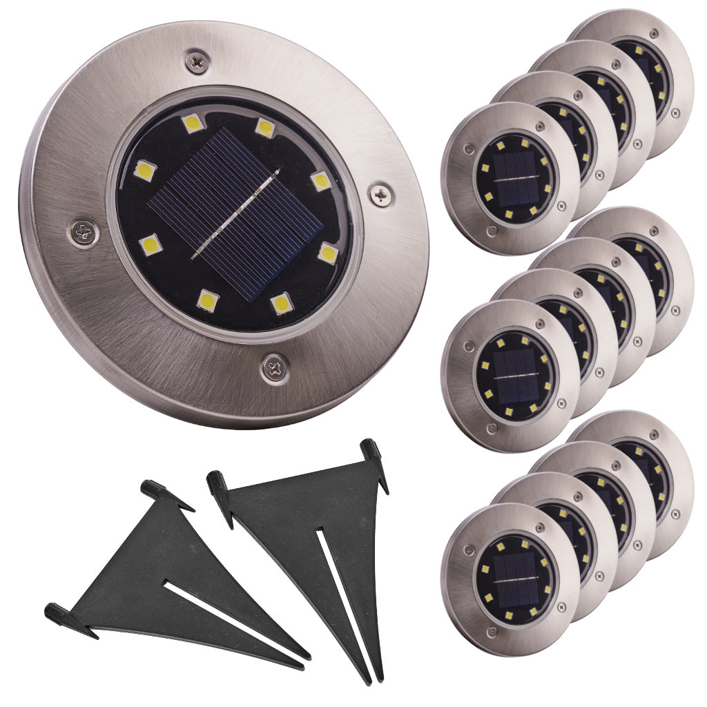 Saulės energija įkraunami įsmeigiami į žemę sodo šviestuvai su sutemų jutikliu, 8 LED, 12 vnt., šaltai balti N16