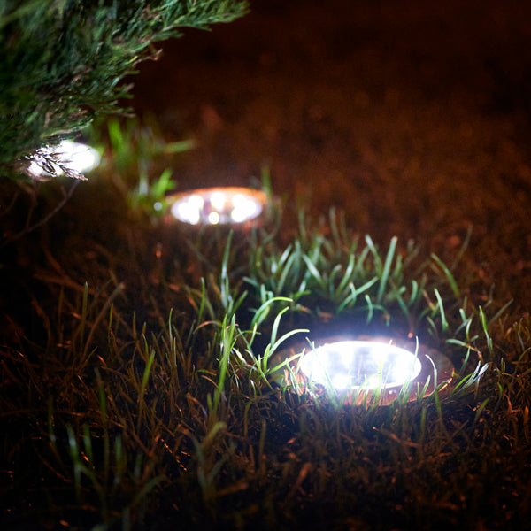 Saulės energija įkraunami įsmeigiami į žemę sodo šviestuvai su sutemų jutikliu, 8 LED, 12 vnt., šaltai balti N16