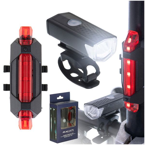 LED dviračio žibintų rinkinys RALLEX (priekis ir galas), įkraunamas per USB, tvirtinamas ant vairo O12