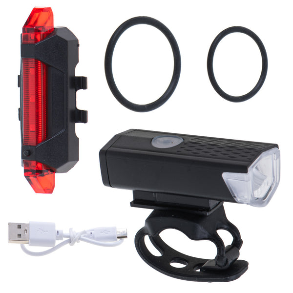 LED dviračio žibintų rinkinys RALLEX (priekis ir galas), įkraunamas per USB, tvirtinamas ant vairo O12