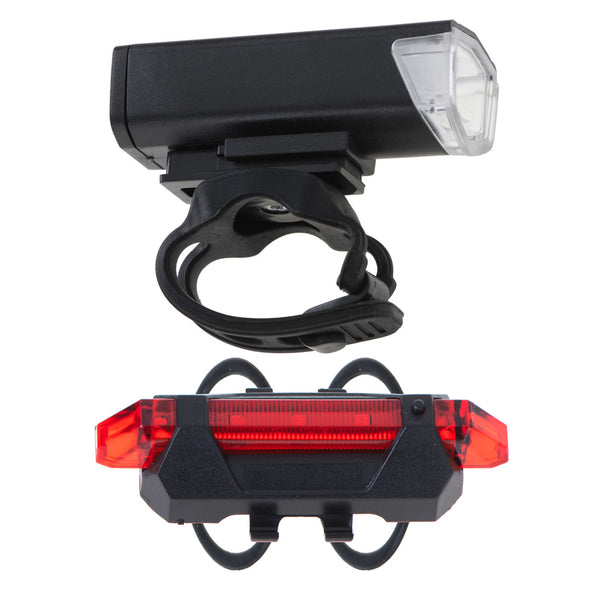 LED dviračio žibintų rinkinys RALLEX (priekis ir galas), įkraunamas per USB, tvirtinamas ant vairo O12