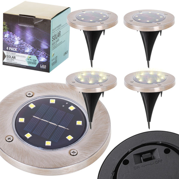 Saulės energija įkraunami įsmeigiami į žemę sodo šviestuvai su sutemų jutikliu, 8 LED, 4 vnt., šiltai balti