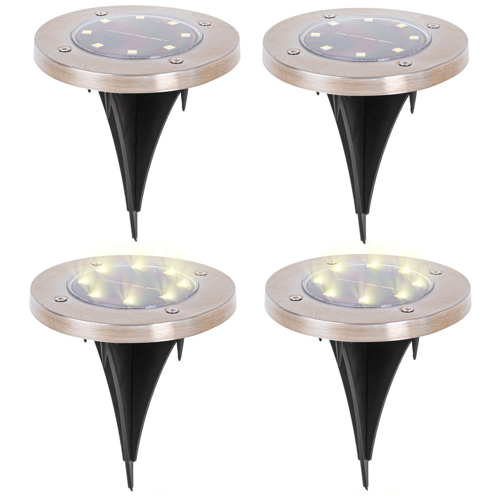 Saulės energija įkraunami įsmeigiami į žemę sodo šviestuvai su sutemų jutikliu, 8 LED, 4 vnt., šiltai balti