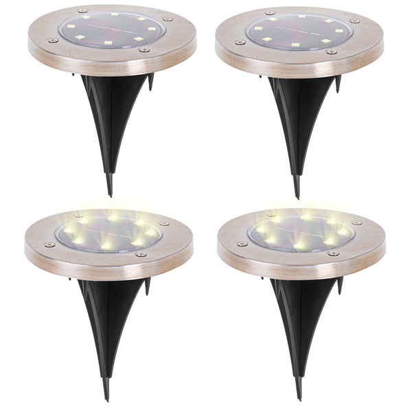 Saulės energija įkraunami įsmeigiami į žemę sodo šviestuvai su sutemų jutikliu, 8 LED, 4 vnt., šiltai balti
