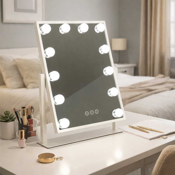 Kosmetinis makiažo veidrodis su apšvietimu, 12 LED lempučių, USB, 30 × 40 cm N51