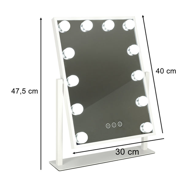 Kosmetinis makiažo veidrodis su apšvietimu, 12 LED lempučių, USB, 30 × 40 cm N51
