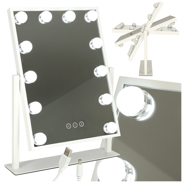 Kosmetinis makiažo veidrodis su apšvietimu, 12 LED lempučių, USB, 30 × 40 cm N51