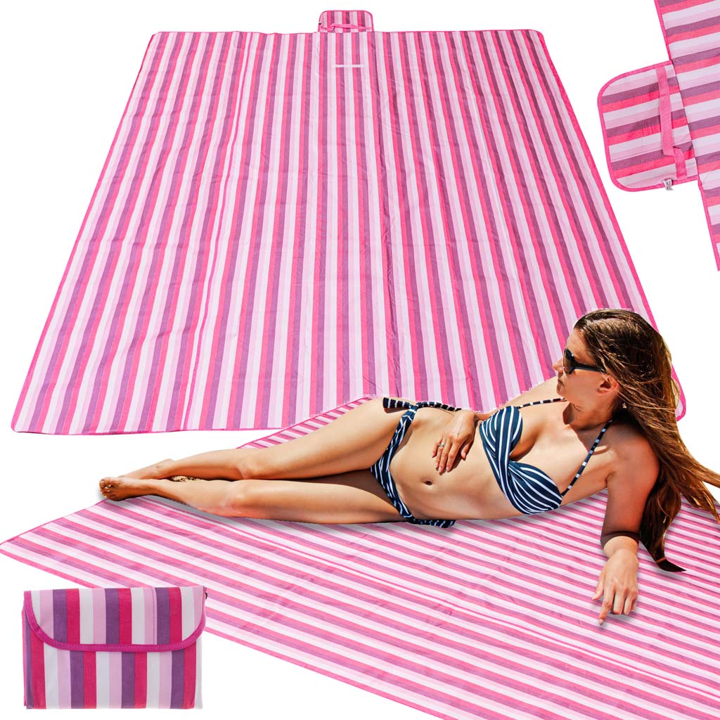 Vandeniui atsparus sulankstomas paplūdimio/pikniko kilimėlis su krepšiu XXL 200×200 cm, rožinis PA9