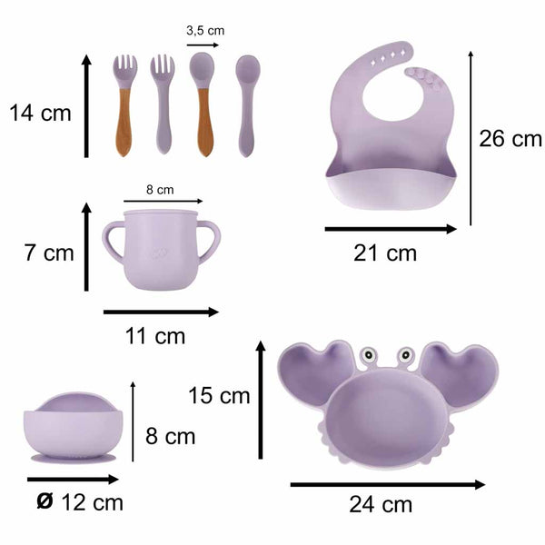 Silikoninių indų rinkinys kūdikiams „Krabas“, 9 dalys, violetinis N38