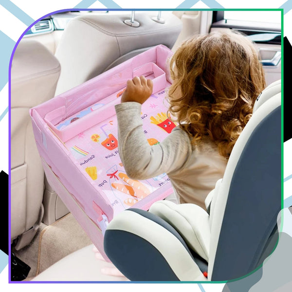 Vaikiškas kelioninis staliukas–organizeris į auto, rožinis A252