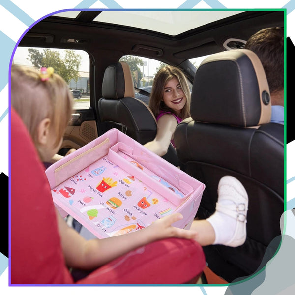 Vaikiškas kelioninis staliukas–organizeris į auto, rožinis A252