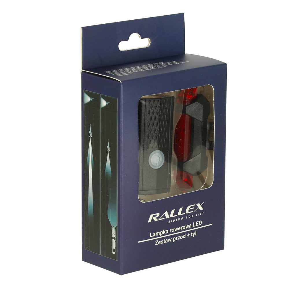 LED dviračio žibintų rinkinys RALLEX (priekis ir galas), įkraunamas per USB, tvirtinamas ant vairo O12