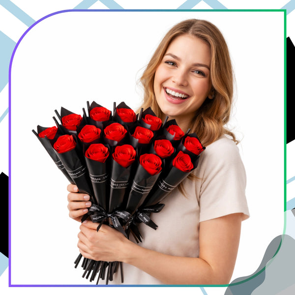 Muilinių rožių puokštė raudona-juoda 28 cm E174