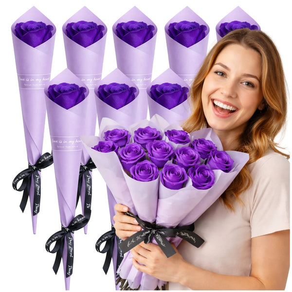 Muilinių rožių puokštė violetinė, 10 vnt., 28 cm E175
