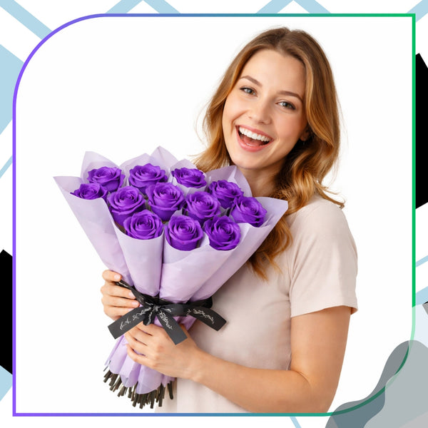 Muilinių rožių puokštė violetinė, 10 vnt., 28 cm E175