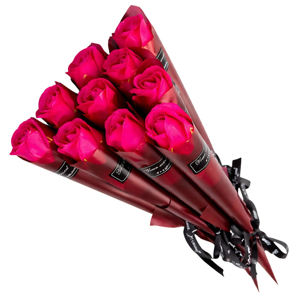 Rožinis muilinių rožių buketas 10 vnt., 28 cm E176