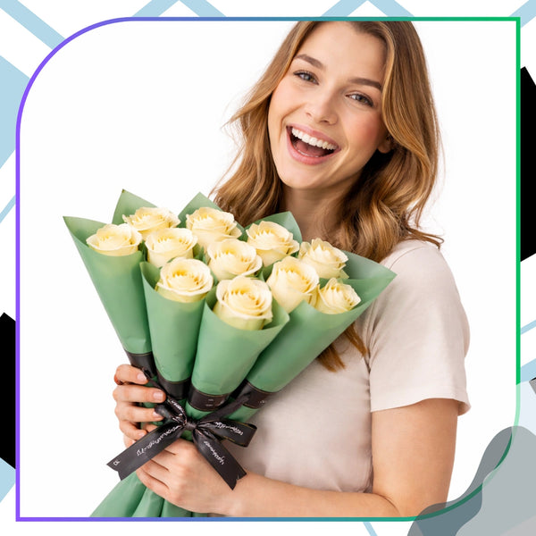 Kreminės muilo rožės, 10 vnt., 28 cm puokštė E177