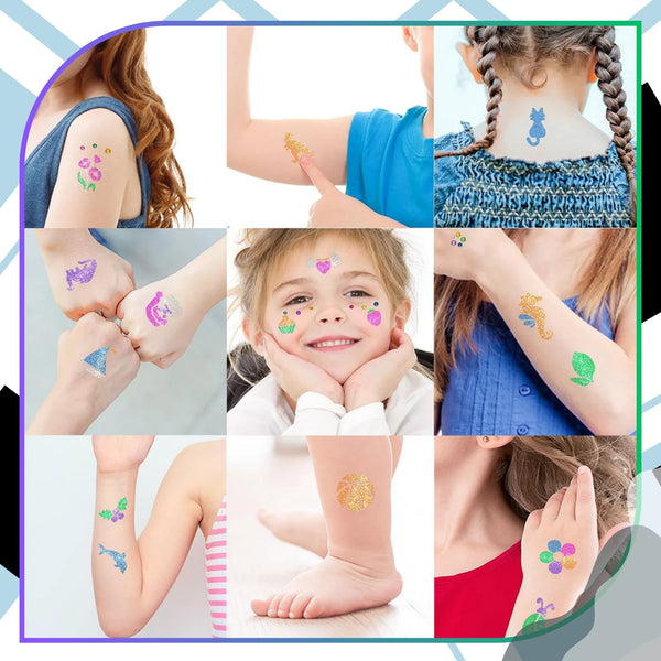 Laikinų tatuiruočių rinkinys vaikams su 6 blizgiais rašikliais