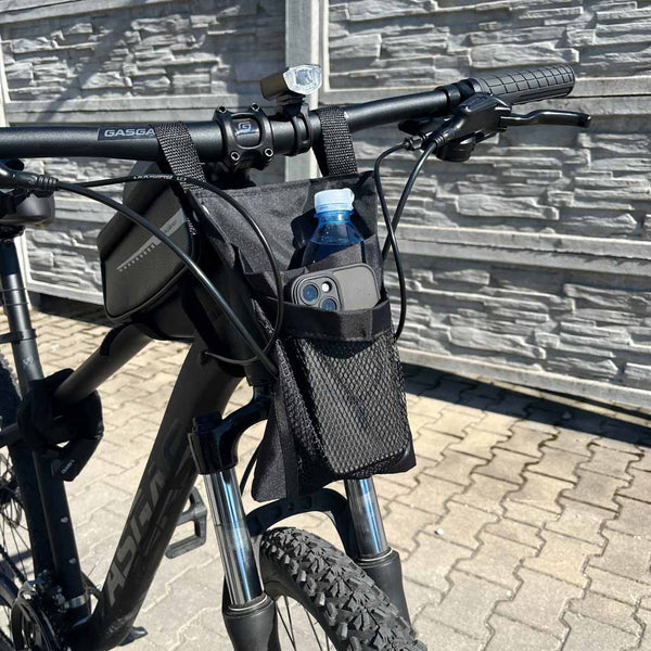 Juoda dviračio ir paspirtuko vairo krepšelis telefonui O30
