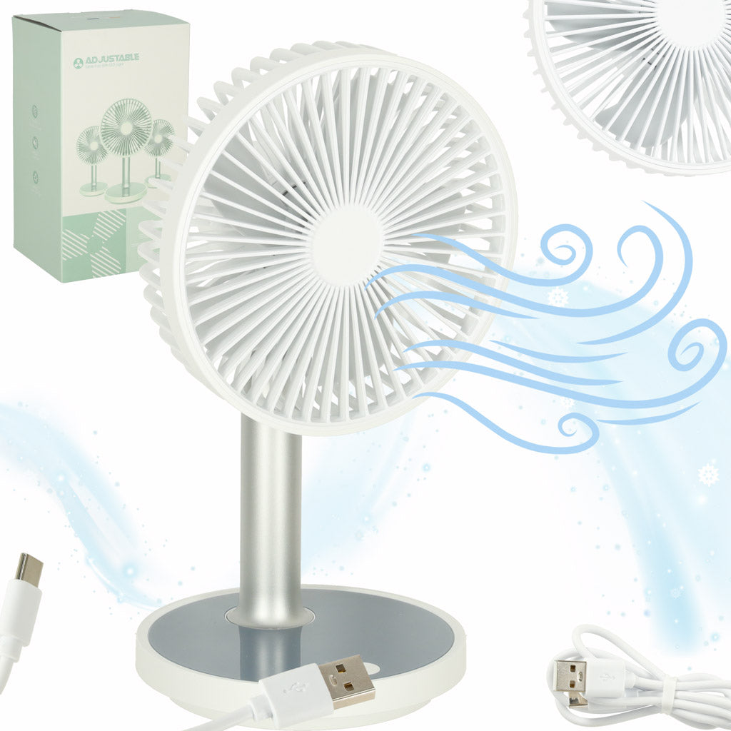 Nešiojamas belaidis stalo ventiliatorius USB su akumuliatoriumi, 4 greičiai, LED, 38 cm, baltas N63