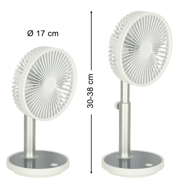 Nešiojamas belaidis stalo ventiliatorius USB su akumuliatoriumi, 4 greičiai, LED, 38 cm, baltas N63