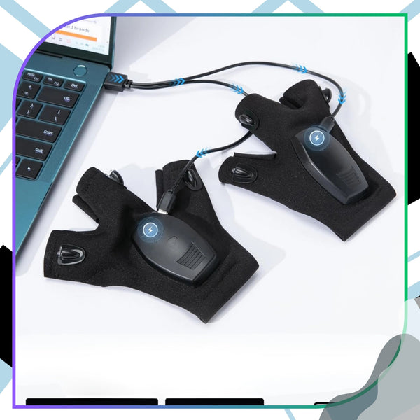 LED žibintuvėlio pirštinės, juodos, USB, 2 vnt. TP91